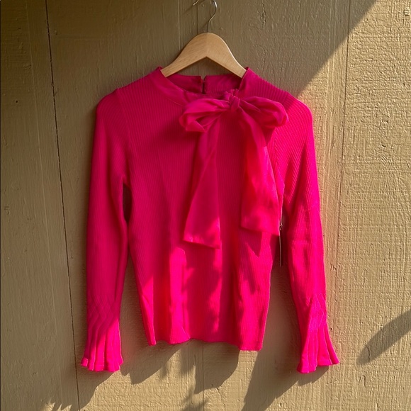 Vibrant Pink Knit Long Sleeve Tie Front Blouse - Picture 1 of 5